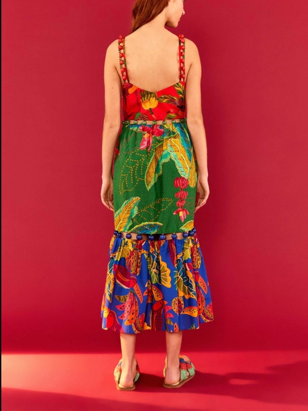 FARM Rio Colorful Mixed-Print Tiered Beased Midi Dress in Red, Green & Blue - Picture 2 of 16